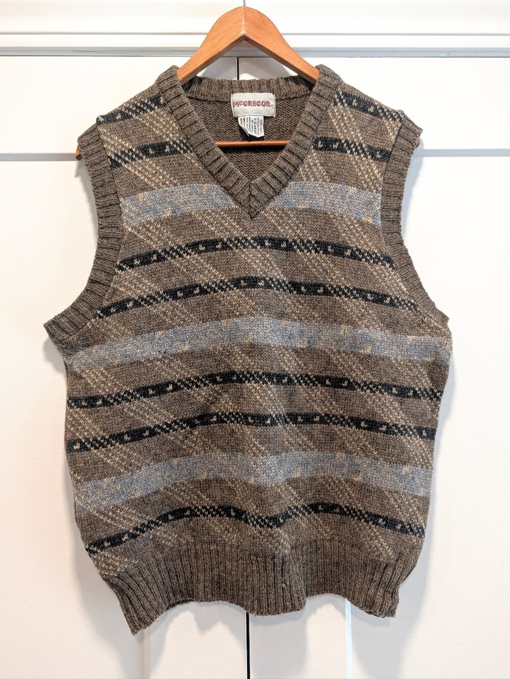 VINTAGE McGregor Brown and Gray Striped Wool Blend V-Neck Sweater Vest Size XL